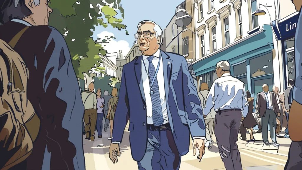 Cartoon image of Alistair Darling walking in the street