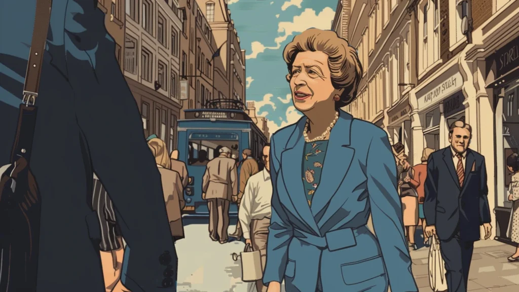 Cartoon image of Margaret Thatcher walking in the street